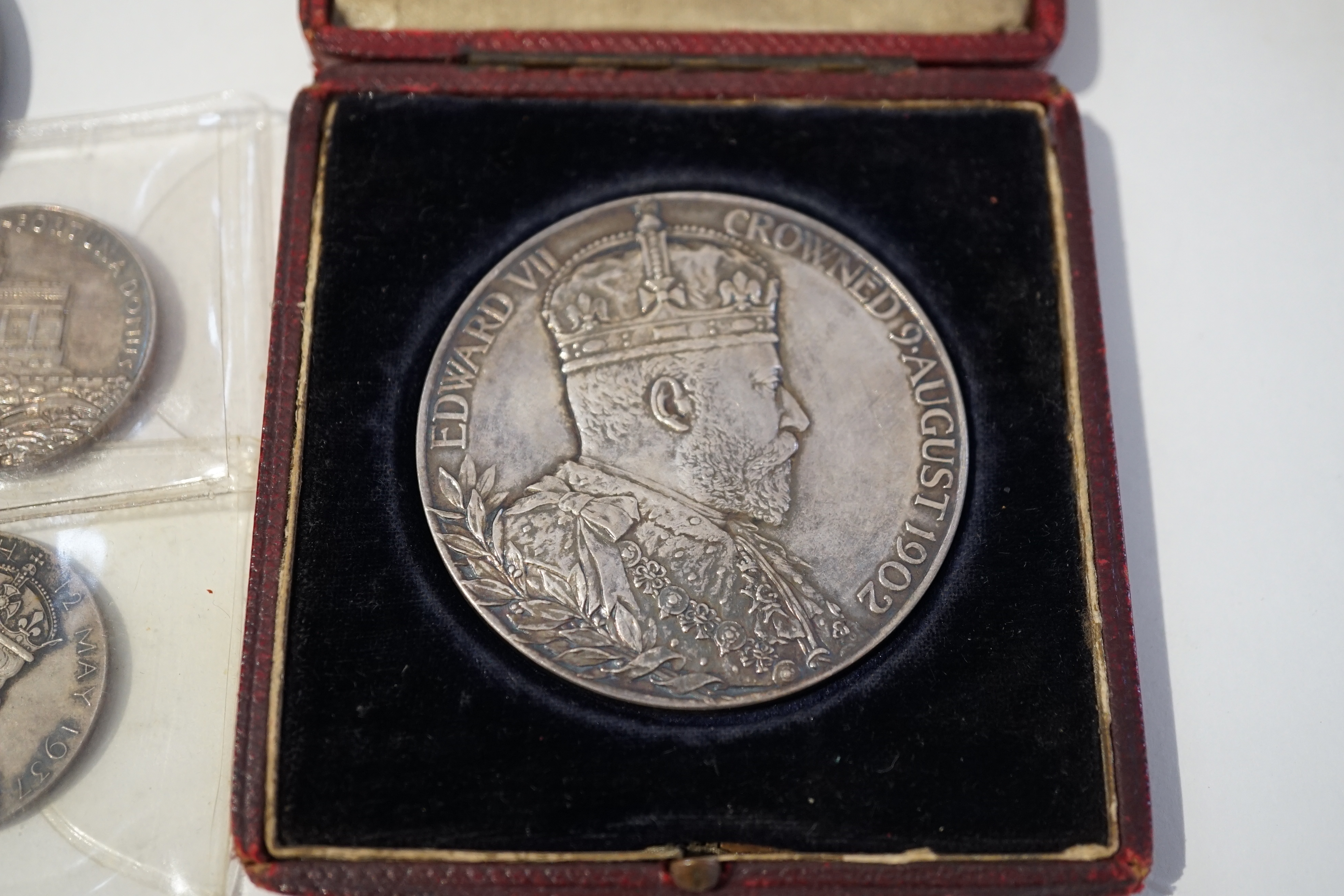 British Royal commemorative silver medals, comprising Victoria Diamond Jubilee, 1897, Edward VII Coronation 1902, cased, George V and Mary Silver Jubilee, 1935, George VI coronation 1937, Prince of Wales investiture 1969